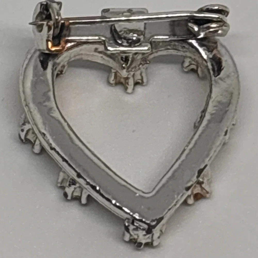 Vintage Heart Brooch Silver Tone Blue Rhinestone Open Heart Pin Jewelry